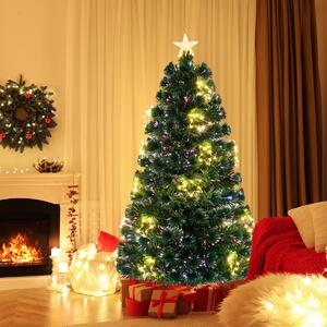 Costway Albero di natale in fibra ottica da 150cm pre-illuminato con luci a stringa stella sulla cima, Albero natale artificiale