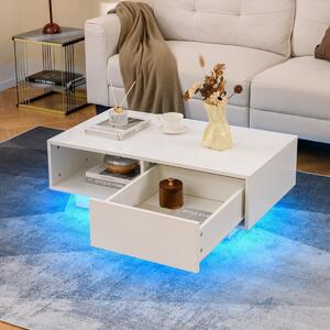 Costway Tavolino centrale moderno ad alta lucentezza con scomparto aperto e cassetto, Tavolino basso con luci e telecomando Bianco