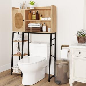Costway Mobile sopra il WC con porta in rattan ripiani di stoccaggio aperti, Organizzatore per bagno in metallo Naturale