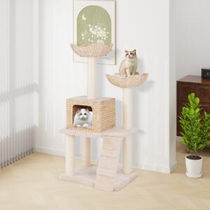 Costway Albero per gatti con posti per graffiare in sisal trespolo condo letto scala cuscini lavabili, Torre cattail da 122cm Beige