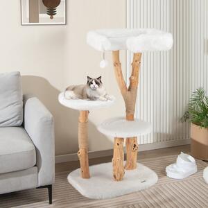 Costway Albero per gatti in legno alto 110cm con piattaforma pali in corda di juta, Torre per gatti in peluche lunga Bianco