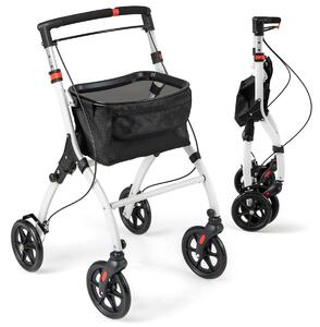 Costway Rollator per anziani con vassoio cesto per la spesa 4 ruote e freni, Deambulatore pieghevole regolabile in altezza Bianco e nero