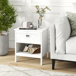Costway Tavolino compatto in legno con cassetto per soggiorno, Comodino a 2 ripiani con scaffale aperto per letto Bianco