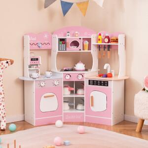 Costway Cucina giocattolo angolare in legno con macchina del caffè, Set cucina con luci e suoni per Bambini 3+ Anni Rosa