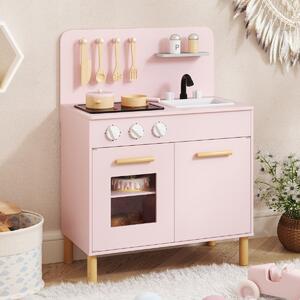 Costway Set da cucina per bambini in legno con luci e accessori da cucina, Gioco educativo con spazio di archiviazione Rosa