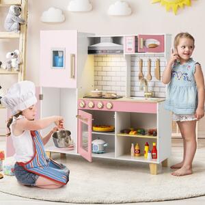 Costway Set da cucina per bambini con macchina del ghiaccio, Cucina giocattolo con luci e suoni per bambini Rosa
