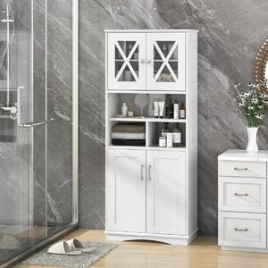 Costway Armadio da bagno alto con porte in acrilico e 3 cubi, Armadio da terra salvaspazio con ripiani regolabili Bianco