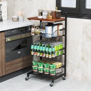 Costway Carrello da cucina con ruote a 4 piani con piano in legno, Carrello con cestini regolabili in altezza e rimovibili