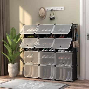 Costway Scarpiera a 8 ripiani per 48 scarpe per ingresso per stivali e tacchi, Armadio 12 cubi in plastica con ganci laterali Nero
