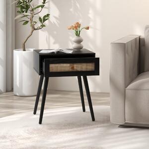 Costway Comodino in rattan con spazio di stoccaggio, Comodino con cassetto e gambe in legno massello Nero