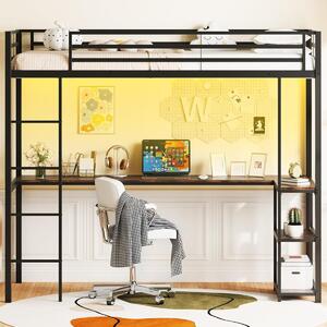 Costway Letto metallico loft con presa elettrica, Letto a soppalco con sponda & scala Nero + Marrone Rustico