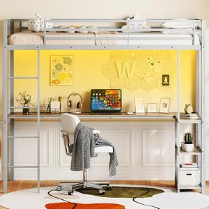 Costway Letto metallico loft con presa elettrica, Letto a soppalco con sponda & scala Argento + Naturale