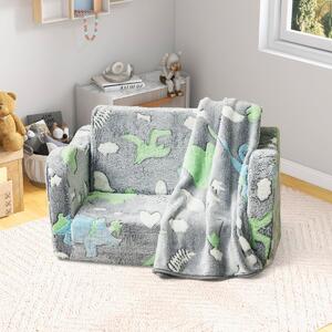 Costway Divano per bambini con coperta e funzione pieghevole 2-in-1, Poltrona recliner per bambini sopra i 3 anni che brilla al buio Grigio