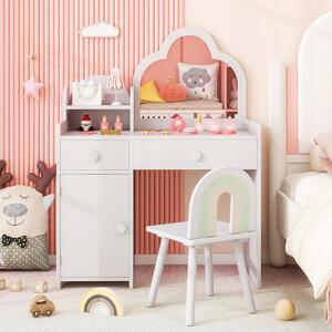Costway Set toeletta per bambini in legno massello, Tavolo da trucco per ragazze con specchio a forma di nuvola Bianco