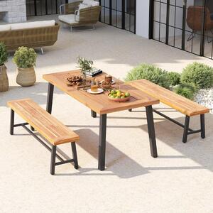 Costway Panchina da giardino in legno di acacia con telaio in metallo resistente, Panchina senza schienale 2 pezzi