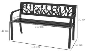 Outsunny Panchina da Giardino a 2 Posti in Acciaio con Schienale Decorato e Braccioli, 125x50x75cm, Nero