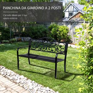 Outsunny Panchina da Giardino 2 Posti con Schienale Decorato in Ghisa e Metallo, 127x60x89cm, Nero
