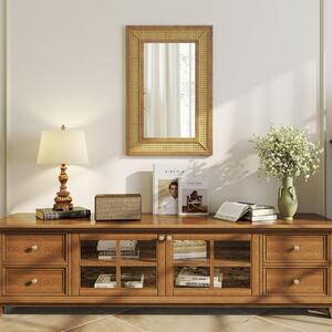 Costway Specchio da parete in rattan con cornice in legno, Specchio decorativo rotondo bohemien da parete 90 x 60 cm