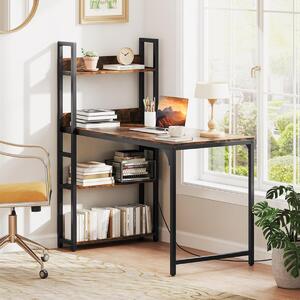 Costway Scrivania per computer con ciabatta elettrica e 2 porte USB, Scrivania studio da 120 CM con mensola uscite AC Marrone Rustico & Nero