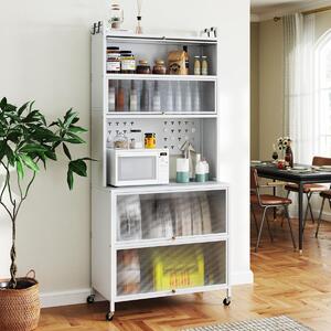 Costway Armadio cucina 6 livelli buffet credenza, Porte ribalta supporto microonde pannello forato ganci Bianco