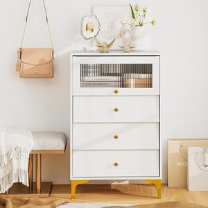 Costway Comò 3 cassetti mobiletto moderno con porta in vetro a ribalta e cassetti estraibili, Gambe in metallo dorato e design anti-ribaltamento Bianco