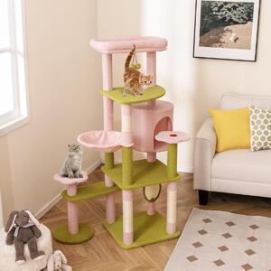 Costway Albero per gatti alto torre a più livelli con piattaforma superiore imbottita, Albero per gatti e pannello Rosa+Verde