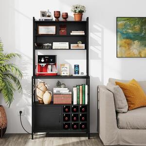 Costway Scaffale da cucina da 170 cm con presa elettrica, Mobile per bar del caffè con ganci a S e supporti per bottiglie di vino Nero