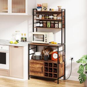 Costway Scaffale da cucina da 170 cm con presa elettrica, Mobile per bar del caffè con ganci a S e supporti per bottiglie di vino Marrone Rustico