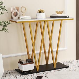 Costway Tavolo console moderno da 100 cm con piano in marmo finto e struttura in metallo, Tavolo da ingresso Bianco + Oro