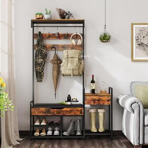 Costway Appendiabiti da terra 178 cm con scaffale per scarpe, Appendiabiti industriale con 12 ganci e cassetti e panchina Marrone Rustico