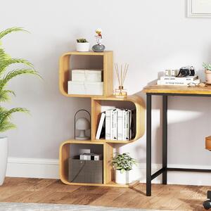 Costway Libreria a 3 livelli a forma di S mensola in bambù con 3 cubi aperti, Scaffale geometrico angolare per esposizione Naturale