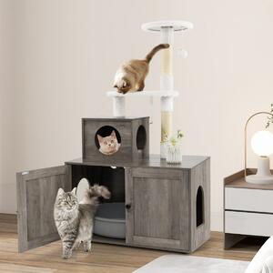 Costway Casa per lettiera per gatti in legno con torre pallina tintinnante divisorio, Mobile per gatti da interno Grigio