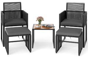 Costway Set da giardino in rattan PE da 5 pezzi con pouf, Poltrone lounge da giardino salvaspazio Nero
