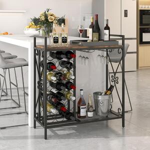 Costway Portabottiglie da vino a 21 bottiglie, Organizzatore da terra con supporto per bicchieri e piano in legno Marrone + Nero