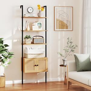 Costway Libreria a scala a 5 ripiani con armadio in rattan con struttura in metallo, Libreria a scala da parete alto 184 cm Naturale