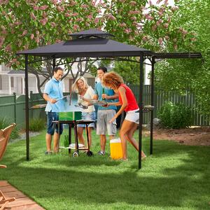 Costway Gazebo per barbecue 250 x 203cm con tendalino laterale tetto a 2 livelli 2 ripiani laterali, Rifugio per barbecue Grigio scuro