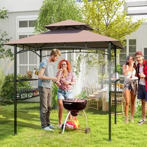 Costway Gazebo barbecue con 2 ripiani laterali cestino ganci appendiutensili, Tendone da esterno per barbecue 242x153cm Marrone