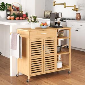 Costway Carrello da cucina 90 cm per sala da pranzo e soggiorno, Barra per asciugamani e armadio con 2 porte Naturale