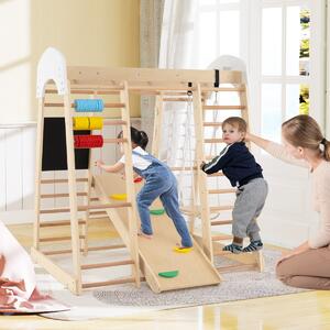 Costway Set arrampicata 8 in 1 per bambini con abaco e altalena, Set arrampicata di legno con scivolo e scala Naturale