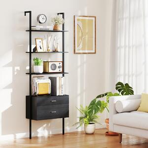 Costway Libreria a scala a 6 ripiani con 2 cassetti e struttura in metallo, Libreria a scala da parete alto 184 cm Nero