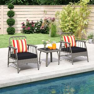 Costway Set da giardino 3 pezzi in rattan PE con schienale regolabile a 5 livelli, Set da conversazione per esterno con cuscini e tavolino da caffè Grigio Misto