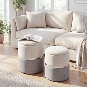 Costway Set di 2 pouf in tessuto con spazio di archiviazione, Poggiapiedi rotondo con spazio nascosto Beige e Grigio