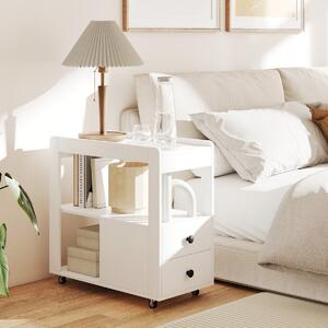 Costway Tavolino stretto moderno tavolino laterale a 2 cassetti con ripiani aperti, Comodino mobile con ruote universali bloccabili per soggiorno camera da letto ufficio Bianco