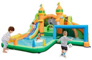 Costway Scivolo acquatico gonfiabile con piscine splash, Parco acquatico per bambini con lunghe rampe (Senza Ventilatore)