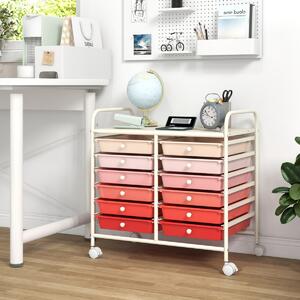 Costway Carrello portaoggetti con 12 cassetti e ampio piano di lavoro, Cassettiera con 4 ruote per soggiorno e cucina Rosa Sfumato