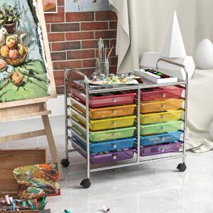Costway Carrello portaoggetti con 12 cassetti e ampio piano di lavoro, Cassettiera con 4 ruote per soggiorno e cucina Multicolore Trasparente
