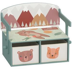 AIYAPLAY 3 in 1 Panca Porta Giochi per Bambini, Convertibile in Tavolo e Sedia con 2 Contenitori, Stampa Orsetto, Verde | Aosom Italy
