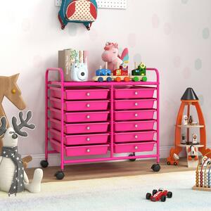 Costway Carrello portaoggetti con 12 cassetti e ampio piano di lavoro, Cassettiera con 4 ruote per soggiorno e cucina Rosa
