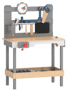 AIYAPLAY Banco da Lavoro per Bambini in Legno con Set di Attrezzi 15 Pezzi, Orologio, Lavagna, Ripiano, 3-6 Anni, Grigio | Aosom Italy