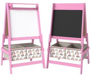 AIYAPLAY Lavagna per Bambini 3 in 1 a Doppia Facciata con Cavalletto, Rotolo di Carta, 2 Contenitori, 3-8 Anni, Rosa | Aosom Italy